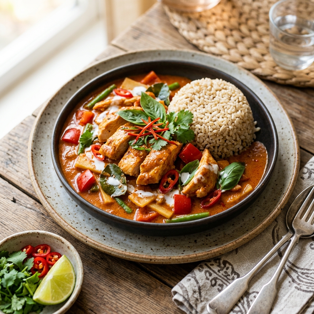 Thai Red Chicken Curry, Green Beans, Red Peppers and Cauliflower Rice