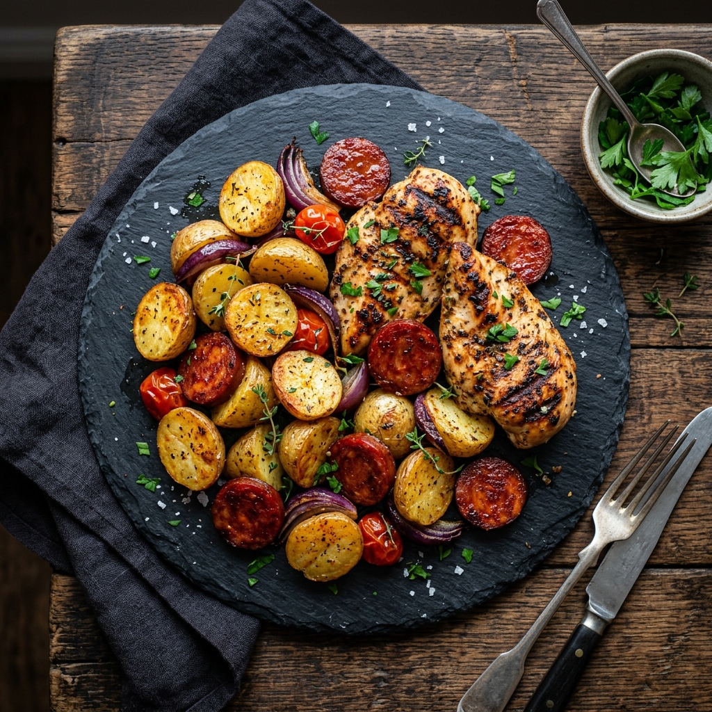 Spanish Chicken and Chorizo with Oven Roasted Baby Potato